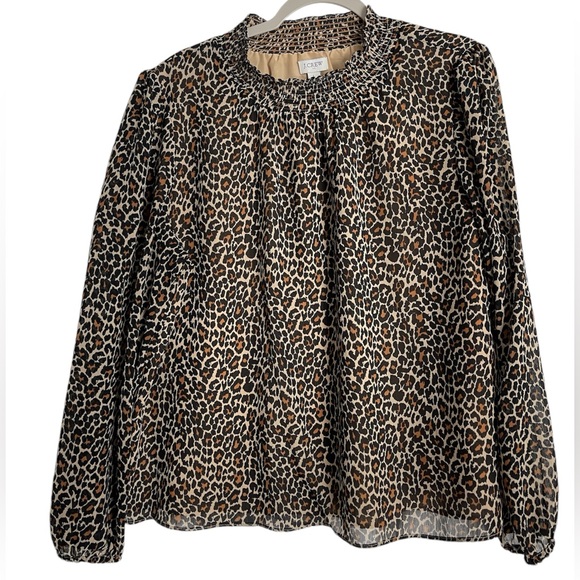 J. Crew Leopard Print Chiffon Long Sleeved Mock Neck Blouse - Picture 2 of 6